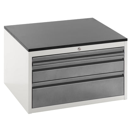 Drawer cupboard with telescopic guides, height 460 mm, drawers: 1 x 60, 1 x 120, 1 x 180 mm, light grey / charcoal, width 770 mm.