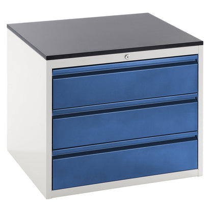 Drawer cupboard with telescopic guides, height 640 mm, 3 x 180 mm drawers, light grey / gentian blue, width 770 mm.