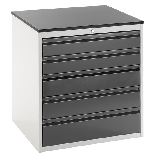 Drawer cupboard with telescopic guides, height 820 mm, drawers: 2 x 120, 2 x 150, 1 x 180 mm, light grey / charcoal, width 770 mm.