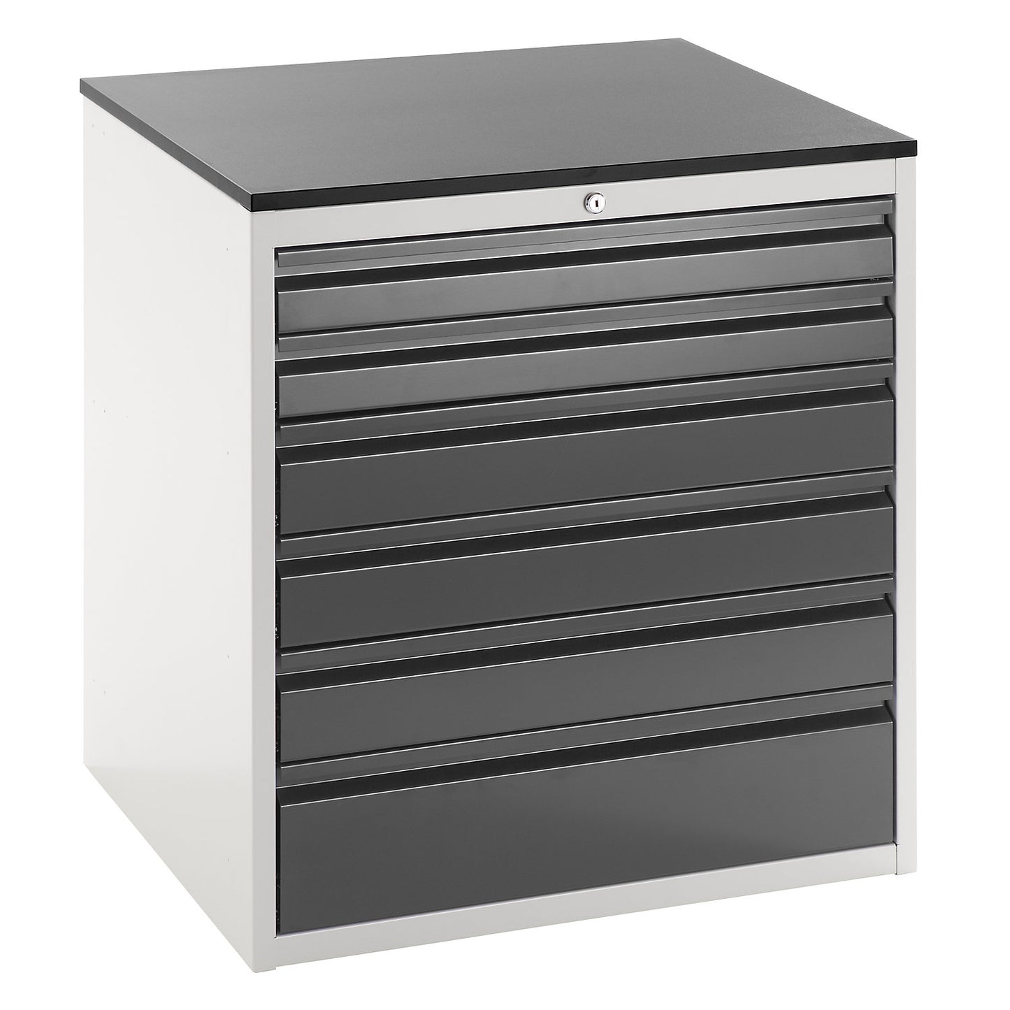 Drawer cupboard with telescopic guides, height 820 mm, drawers: 2 x 90, 3 x 120, 1 x 180 mm, light grey / charcoal, width 770 mm.