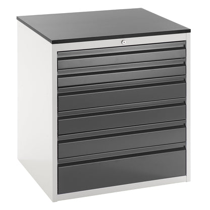 Drawer cupboard with telescopic guides, height 820 mm, drawers: 2 x 90, 3 x 120, 1 x 180 mm, light grey / charcoal, width 770 mm.