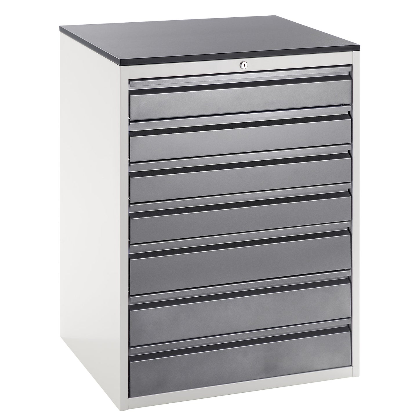 Drawer cupboard with telescopic guides, height 1030 mm, drawers: 4 x 120, 3 x 150 mm, light grey / charcoal, width 770 mm.