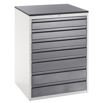 Drawer cupboard with telescopic guides, height 1030 mm, drawers: 4 x 120, 3 x 150 mm, light grey / charcoal, width 770 mm.