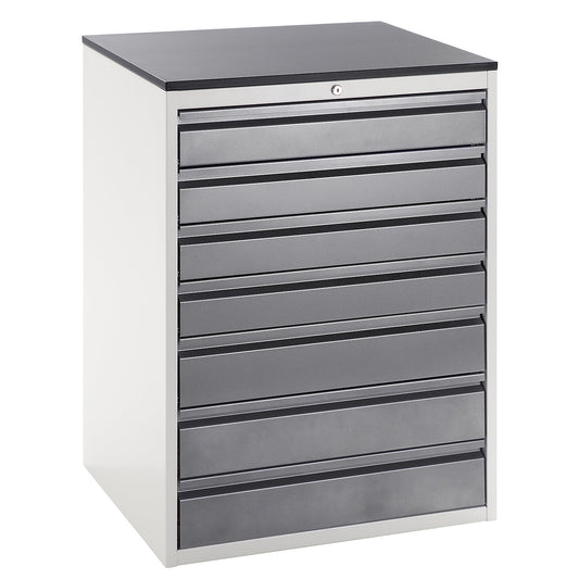Drawer cupboard with telescopic guides, height 1030 mm, drawers: 4 x 120, 3 x 150 mm, light grey / charcoal, width 770 mm.