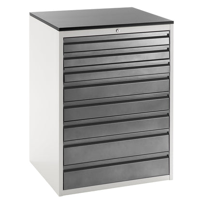 Drawer cupboard with telescopic guides, height 1030 mm, drawers: 3 x 90, 3 x 120, 2 x 150 mm, light grey / charcoal, width 770 mm.