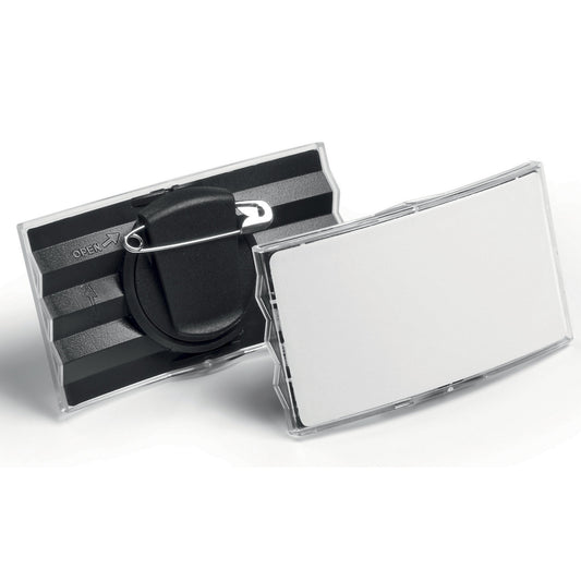 Convex name badge, acrylic, plastic back, with combination clasp, pack of 25.