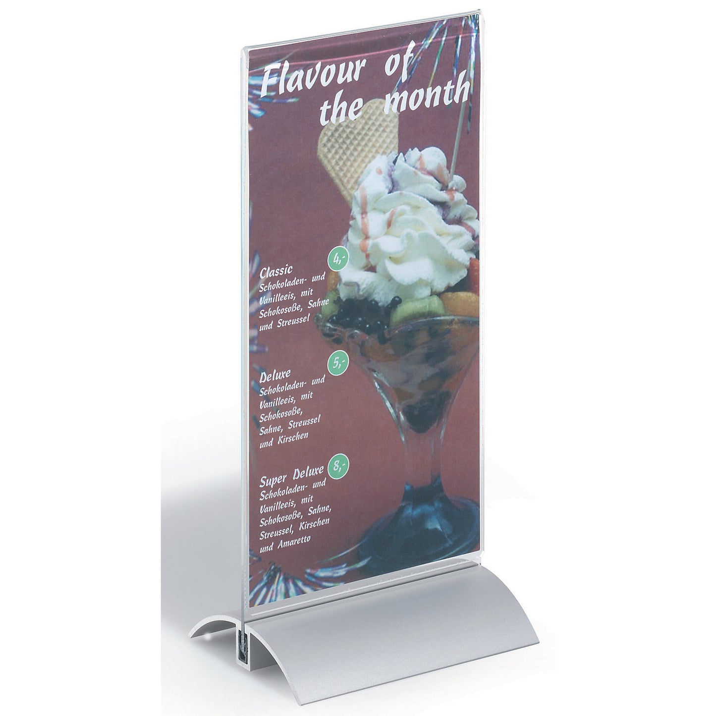 Tabletop stand, acrylic with aluminium base, 1/3 A4, HxWxD 237 x 107 x 85 mm, pack of 6.