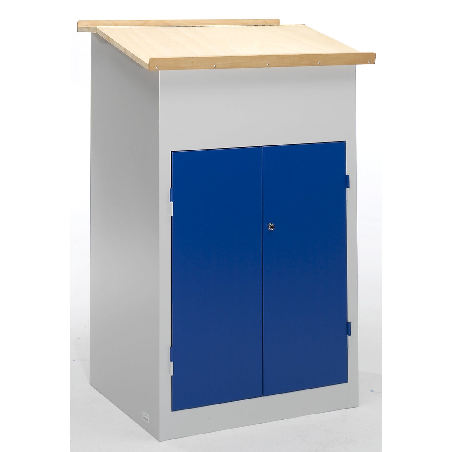 Industrial pedestal desk, with double door cupboard, gentian blue.