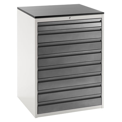 Drawer cupboard with telescopic guides, height 1030 mm, drawers: 1 x 90, 7 x 120 mm, light grey / charcoal, width 770 mm.