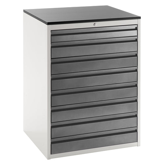 Drawer cupboard with telescopic guides, height 1030 mm, drawers: 1 x 90, 7 x 120 mm, light grey / charcoal, width 770 mm.
