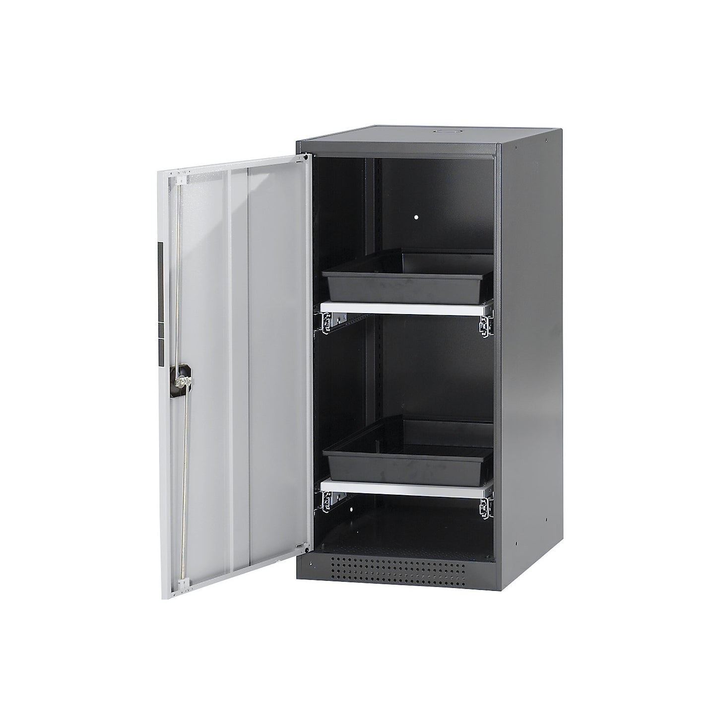 Laboratory chemical storage cupboard, 1 door, half height, 2 drawers, without vision panel, grey.