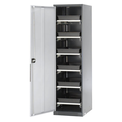 Laboratory chemical storage cupboard, 1 door, tall, 6 drawers, without vision panel, grey.