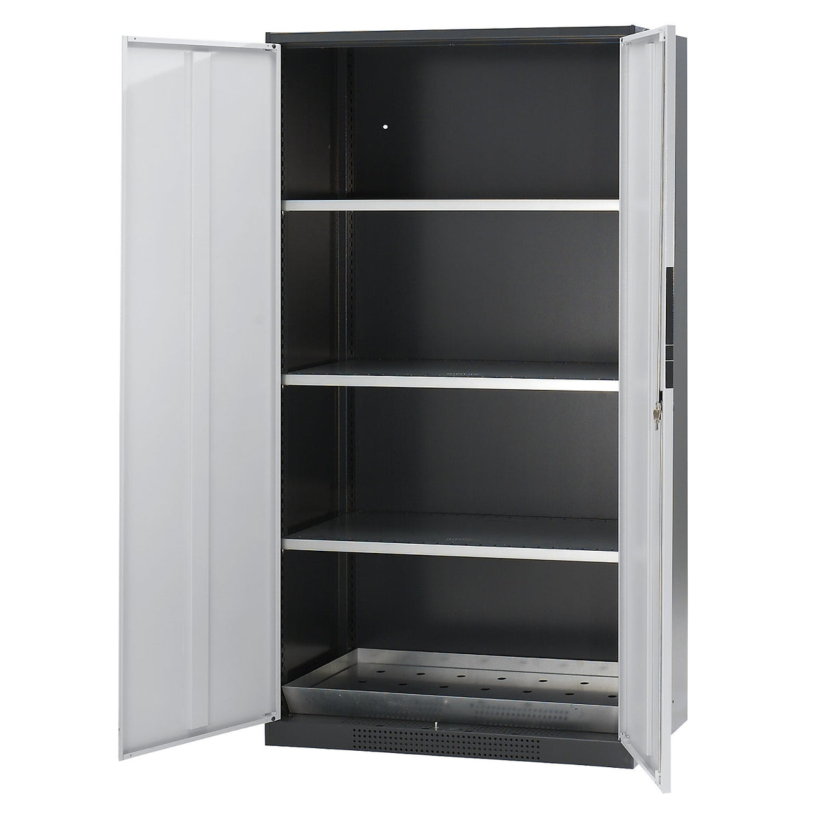 Laboratory chemical storage cupboard, 2 door, tall, 3 shelves, without vision panel, grey.