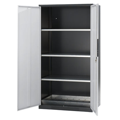 Laboratory chemical storage cupboard, 2 door, tall, 3 shelves, without vision panel, grey.