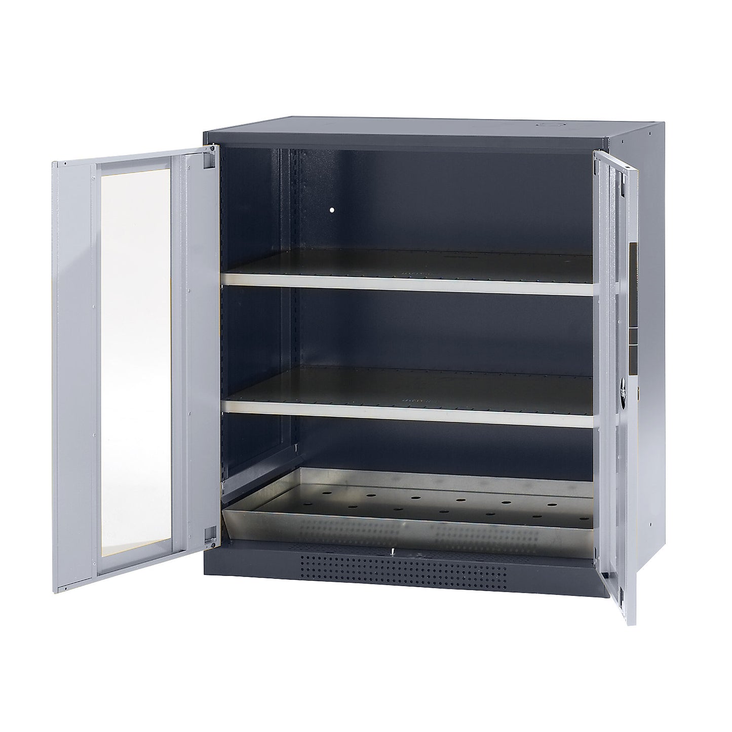 Laboratory chemical storage cupboard, 2 door, half height, 2 shelves, with vision panel, grey.