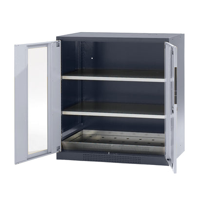 Laboratory chemical storage cupboard, 2 door, half height, 2 shelves, with vision panel, grey.