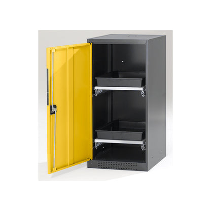 Laboratory chemical storage cupboard, 1 door, half height, 2 drawers, without vision panel, yellow.