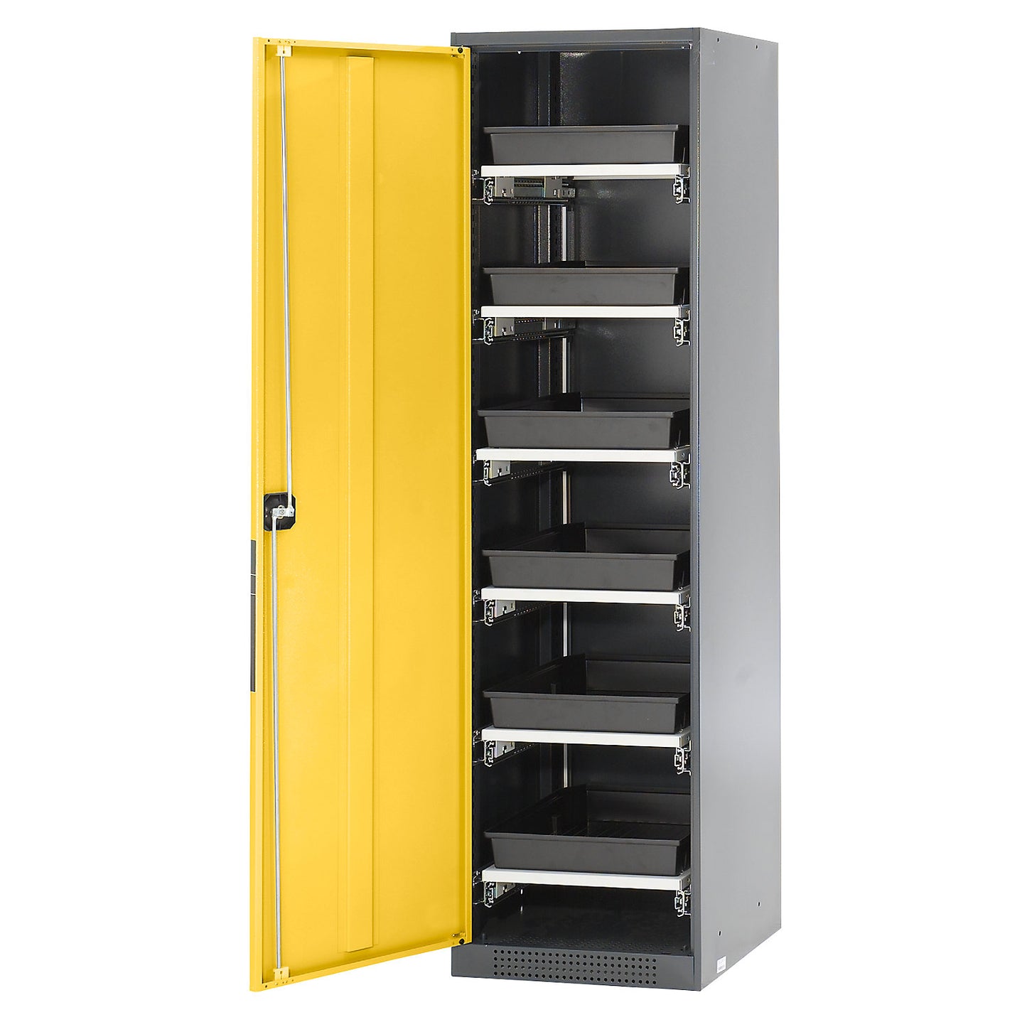 Laboratory chemical storage cupboard, 1 door, tall, 6 drawers, without vision panel, yellow.