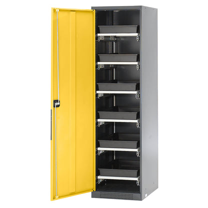 Laboratory chemical storage cupboard, 1 door, tall, 6 drawers, without vision panel, yellow.