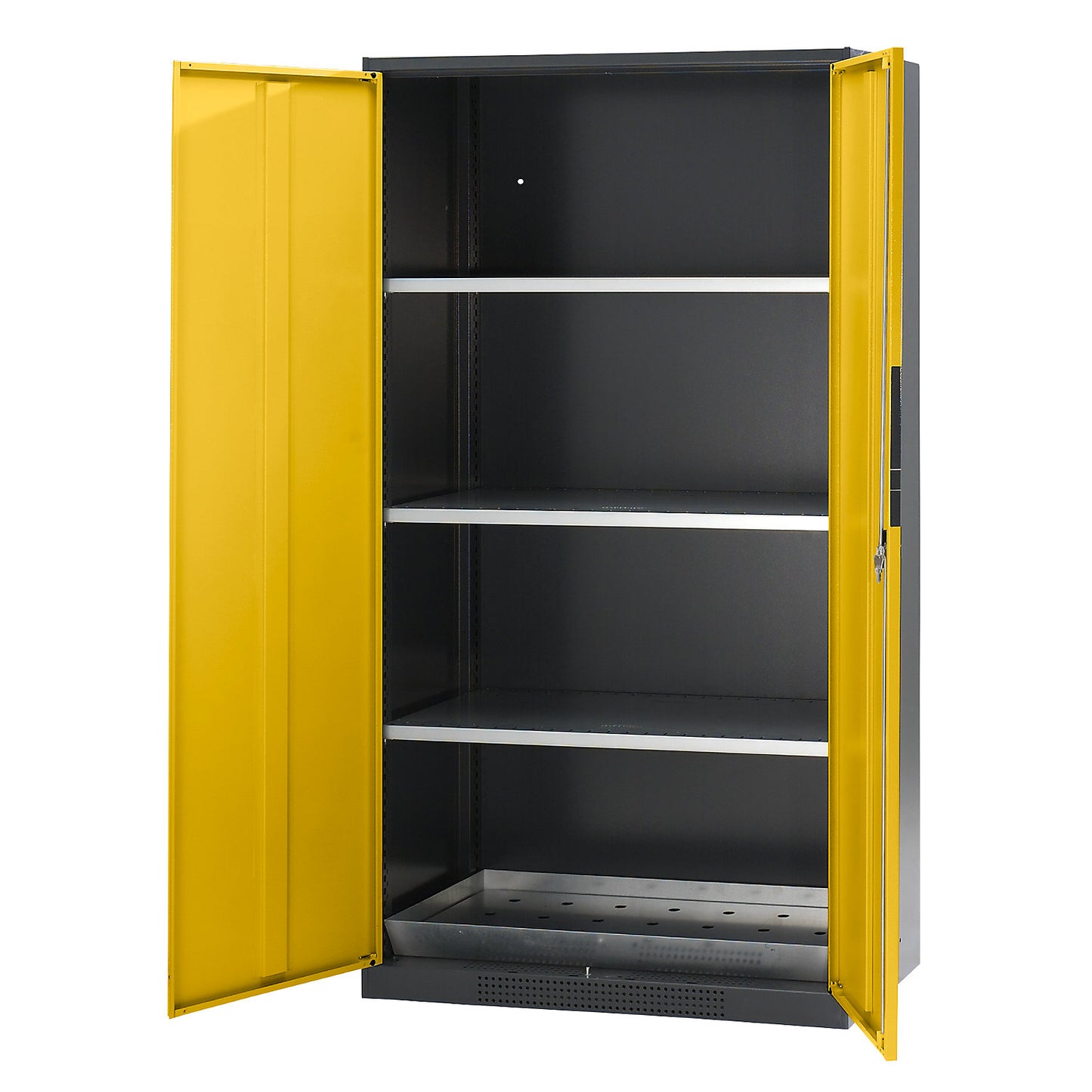 Laboratory chemical storage cupboard, 2 door, tall, 3 shelves, without vision panel, yellow.