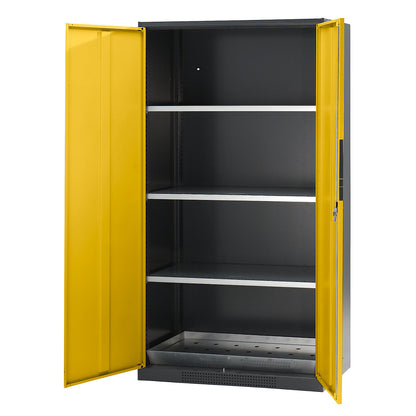 Laboratory chemical storage cupboard, 2 door, tall, 3 shelves, without vision panel, yellow.