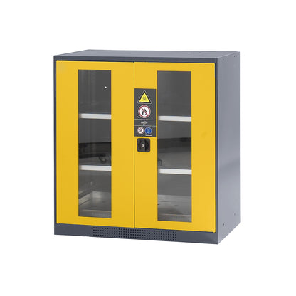 Laboratory chemical storage cupboard, 2 door, half height, 2 shelves, with vision panel, yellow.