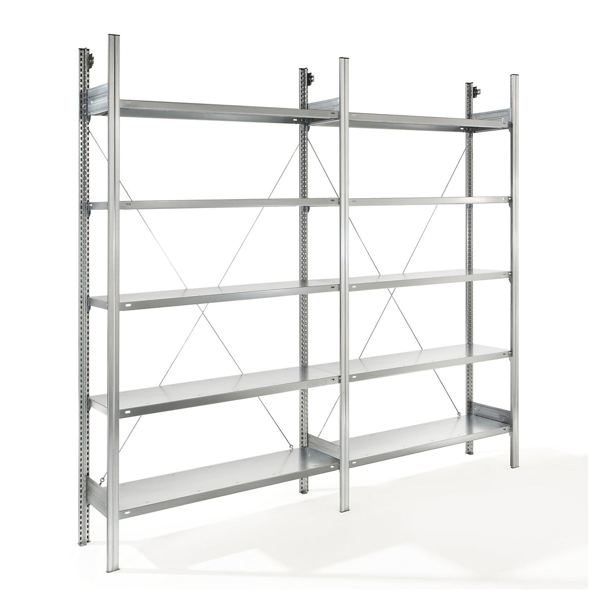 Standard boltless shelving unit, zinc plated, single sided, shelf height 2350 mm, shelf width 1215 mm, extension shelf unit, shelf depth 350 mm.