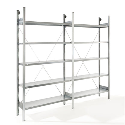 Standard boltless shelving unit, zinc plated, single sided, shelf height 2350 mm, shelf width 1215 mm, extension shelf unit, shelf depth 350 mm.