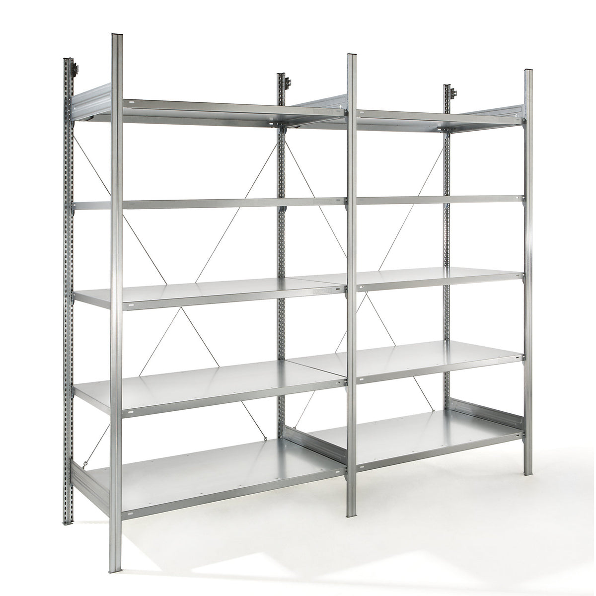 Standard boltless shelving unit, zinc plated, single sided, shelf height 2350 mm, shelf width 1215 mm, extension shelf unit, shelf depth 650 mm.