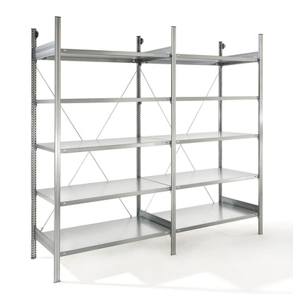 Standard boltless shelving unit, zinc plated, single sided, shelf height 2350 mm, shelf width 1215 mm, extension shelf unit, shelf depth 650 mm.