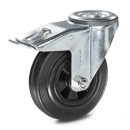 Solid rubber tyre on plastic rim, wheel Ø x width 100 x 30 mm, swivel castor with double stop.