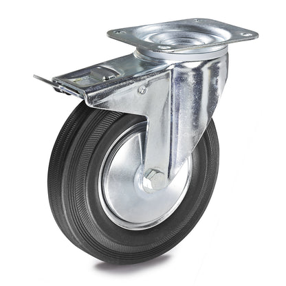 Solid rubber tyre, wheel Ø x width 125 x 38 mm, swivel castor with double stop.