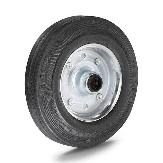 Solid rubber wheel, roller bearing, sheet steel rim, wheel Ø x width 200 x 50 mm.