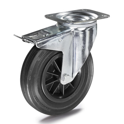 Solid rubber tyre on plastic rims, wheel Ø x width 160 x 40 mm, swivel castor with double stop.