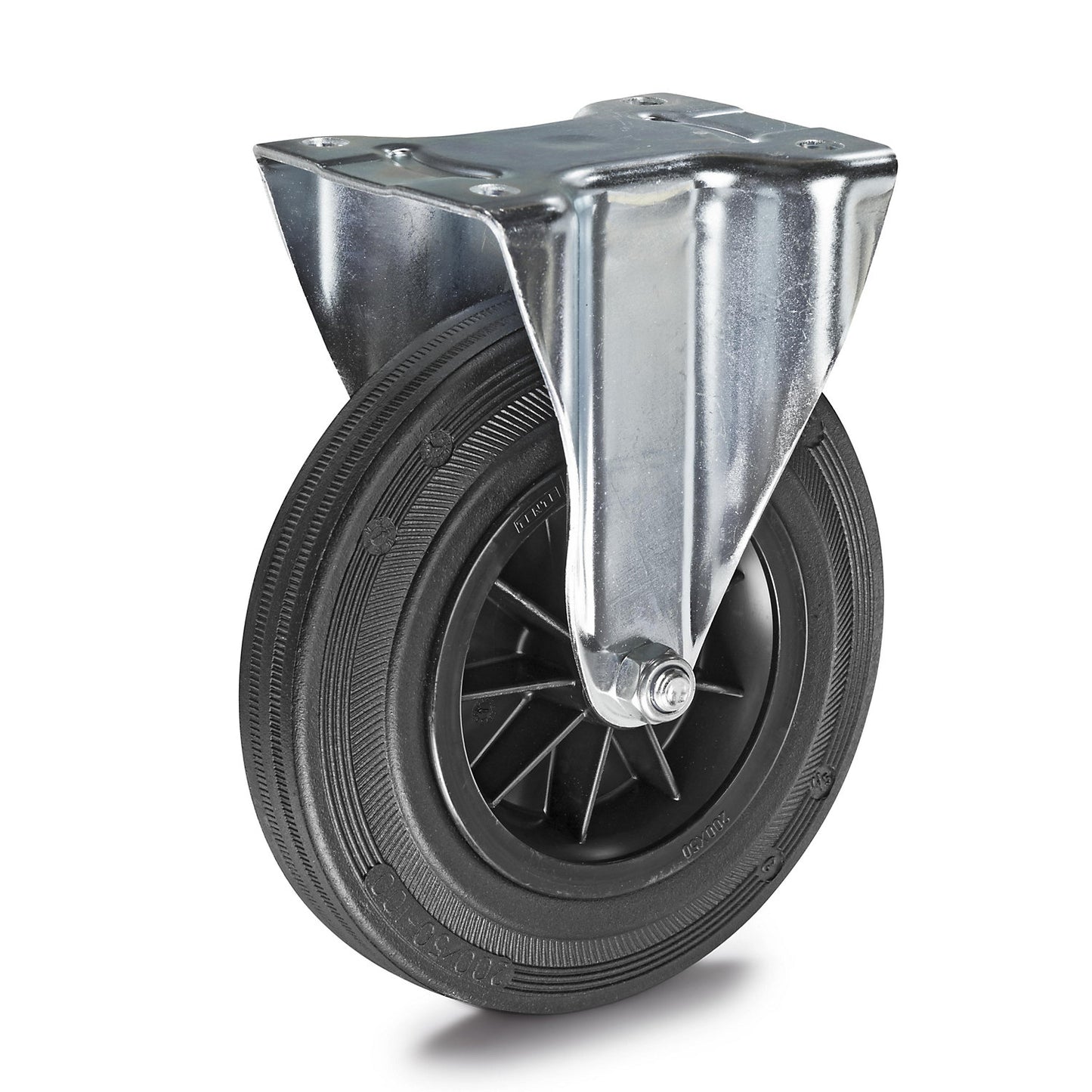 Solid rubber tyre on plastic rims, wheel Ø x width 200 x 50 mm, fixed castor.