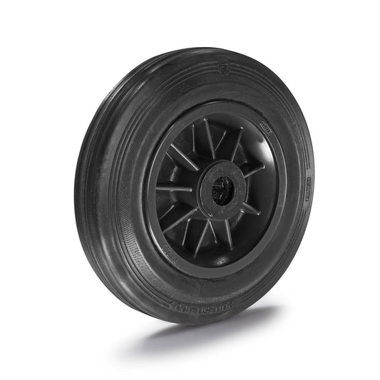 Solid rubber wheel, plastic rim, roller bearings, wheel Ø x width 160 x 40 mm.