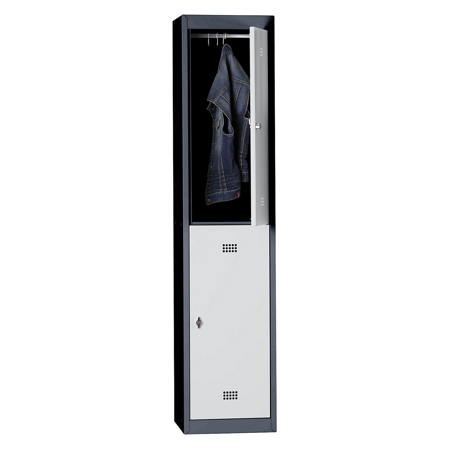 Hamburg double deck clothes locker, 1 compartment, width 400 mm, standard unit, charcoal / light grey.