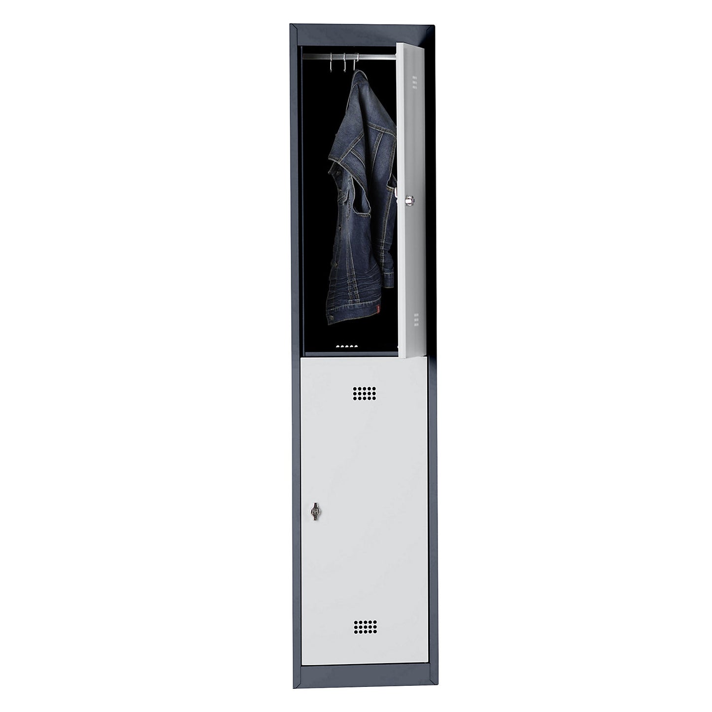 Hamburg double deck clothes locker, 1 compartment, width 400 mm, extension unit, charcoal / light grey.