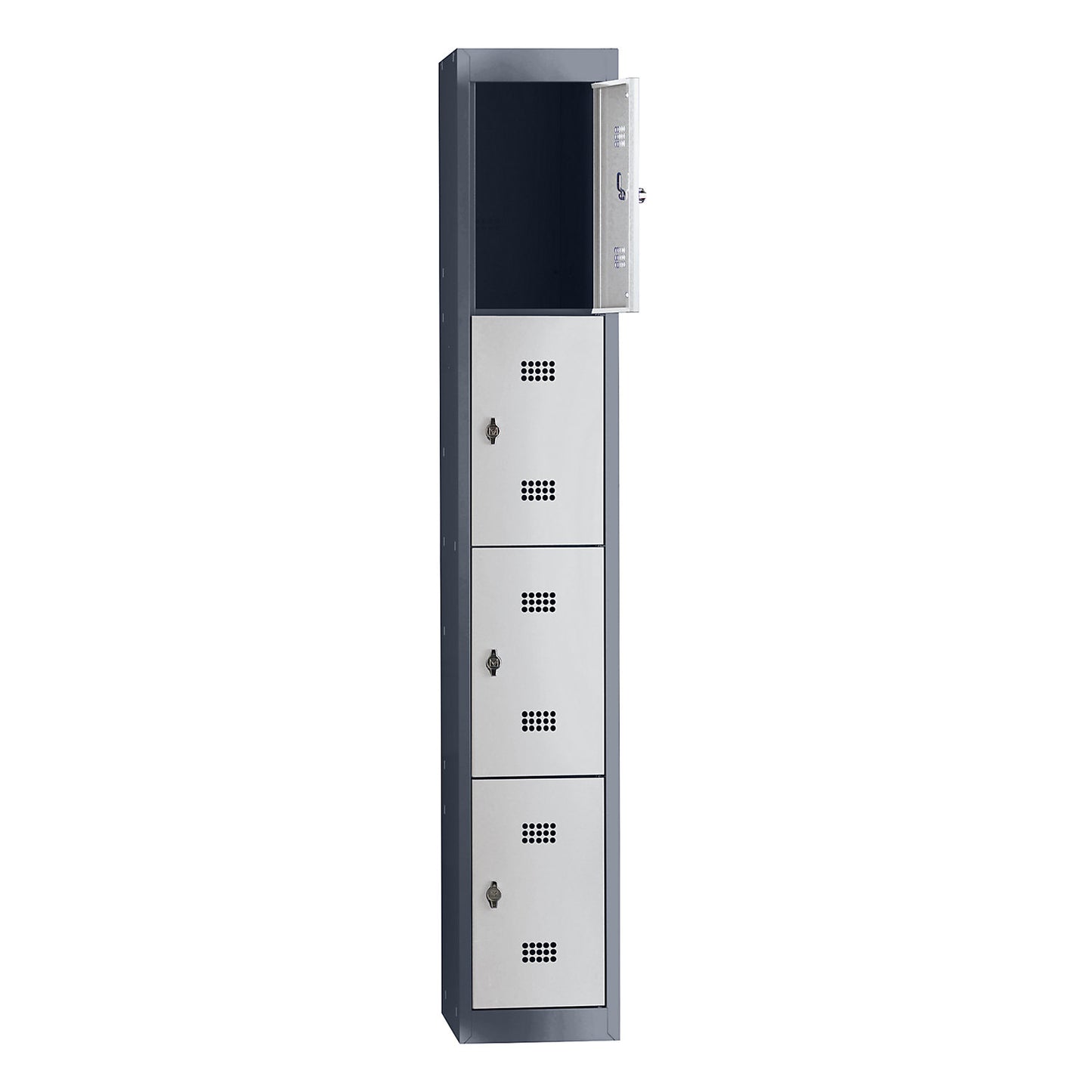Hamburg 4-fold compartment locker, 1 compartment, 4 compartments, height 410 mm, width 300 mm, standard unit, charcoal / light grey.