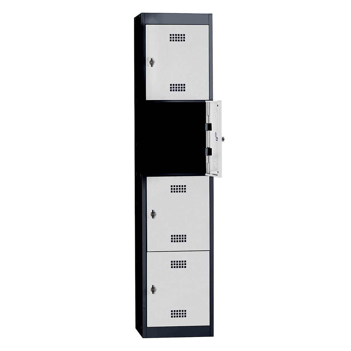 Hamburg 4-fold compartment locker, 1 compartment, 4 compartments, height 410 mm, width 400 mm, standard unit, charcoal / light grey.