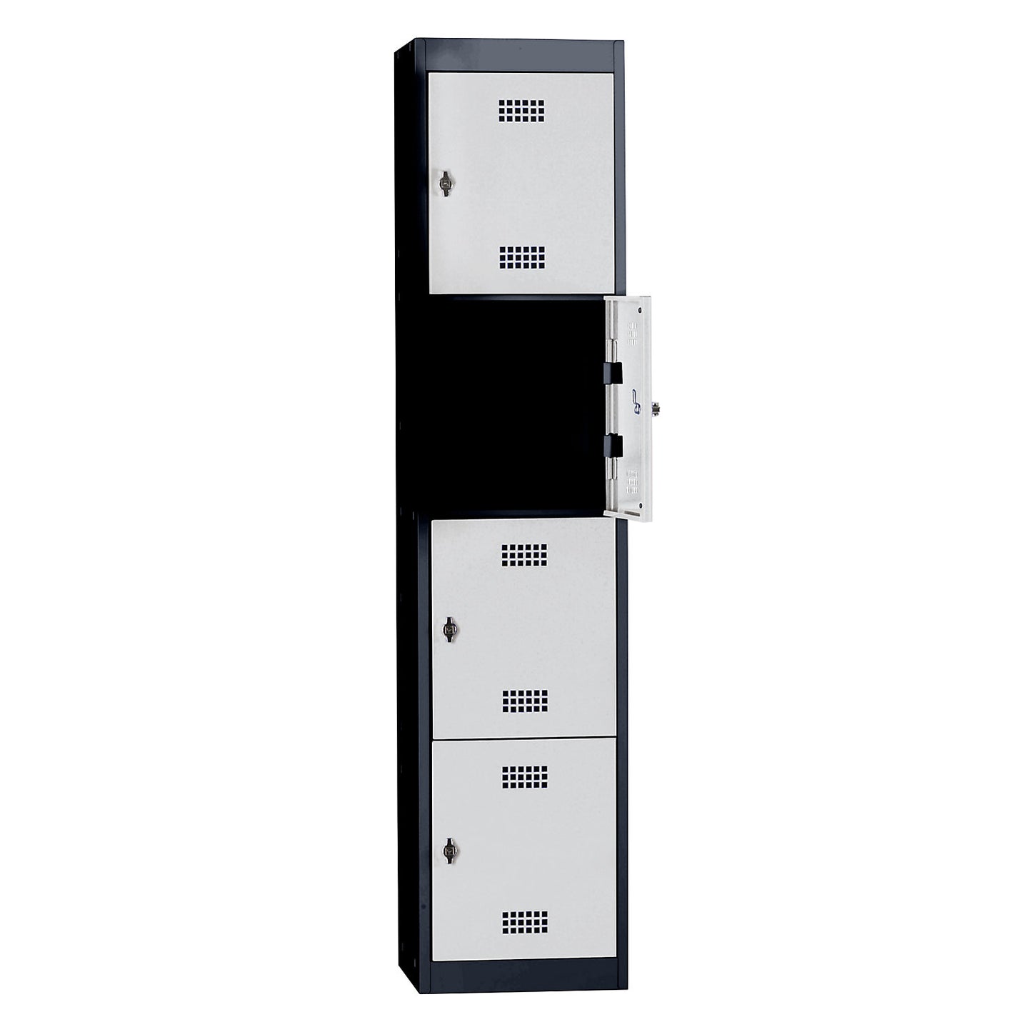 Hamburg 4-fold compartment locker, 1 compartment, 4 compartments, height 410 mm, width 400 mm, standard unit, charcoal / light grey.