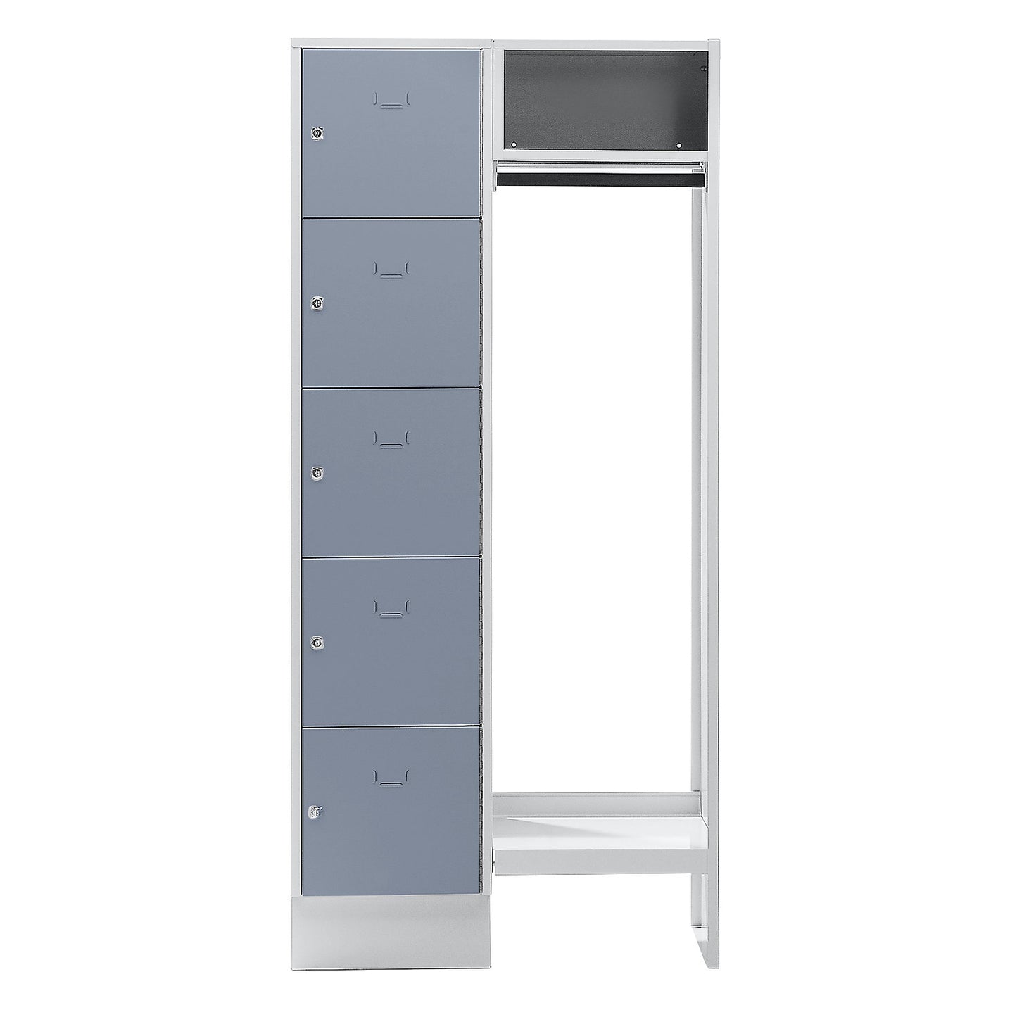 Dresden cloakroom locker system, 5 compartments, 1 coat rack, W 850 mm, light grey / silver grey.