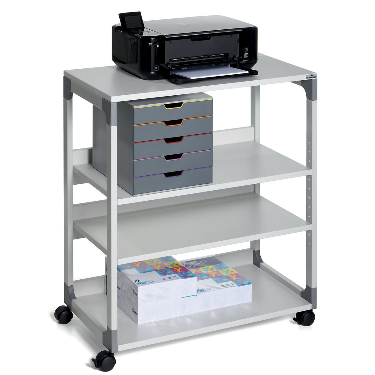 Multifunction / printer trolley, 4 shelves, light grey.