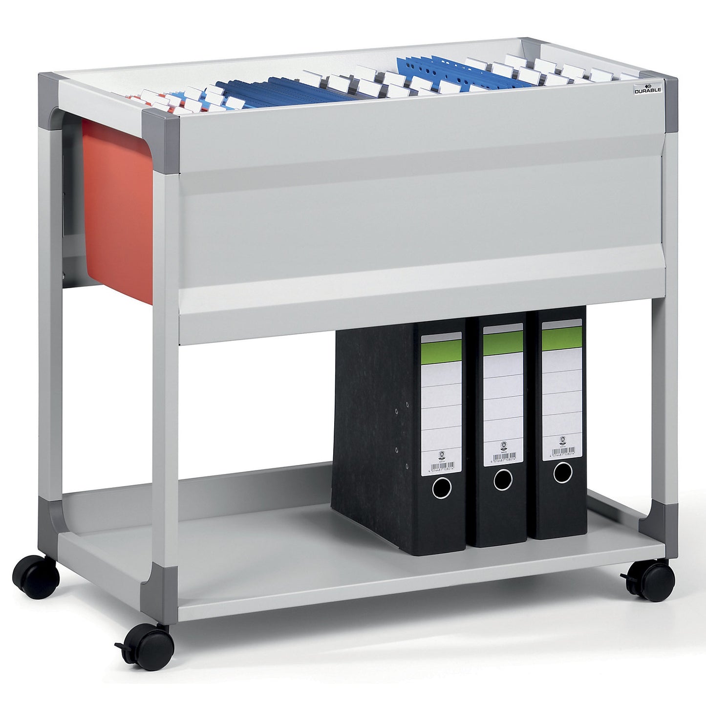 Suspension file trolley, for 90 files, 1 shelf, 1 storage shelf, light grey.