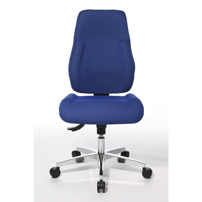 Operator swivel chair, frame made of aluminium, upholstered back rest, blue cover.