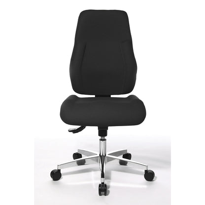 Operator swivel chair, frame made of aluminium, upholstered back rest, black cover.