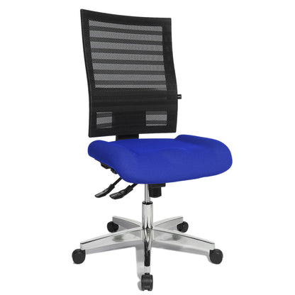 Operator swivel chair, frame made of aluminium, black mesh back rest, blue cover.