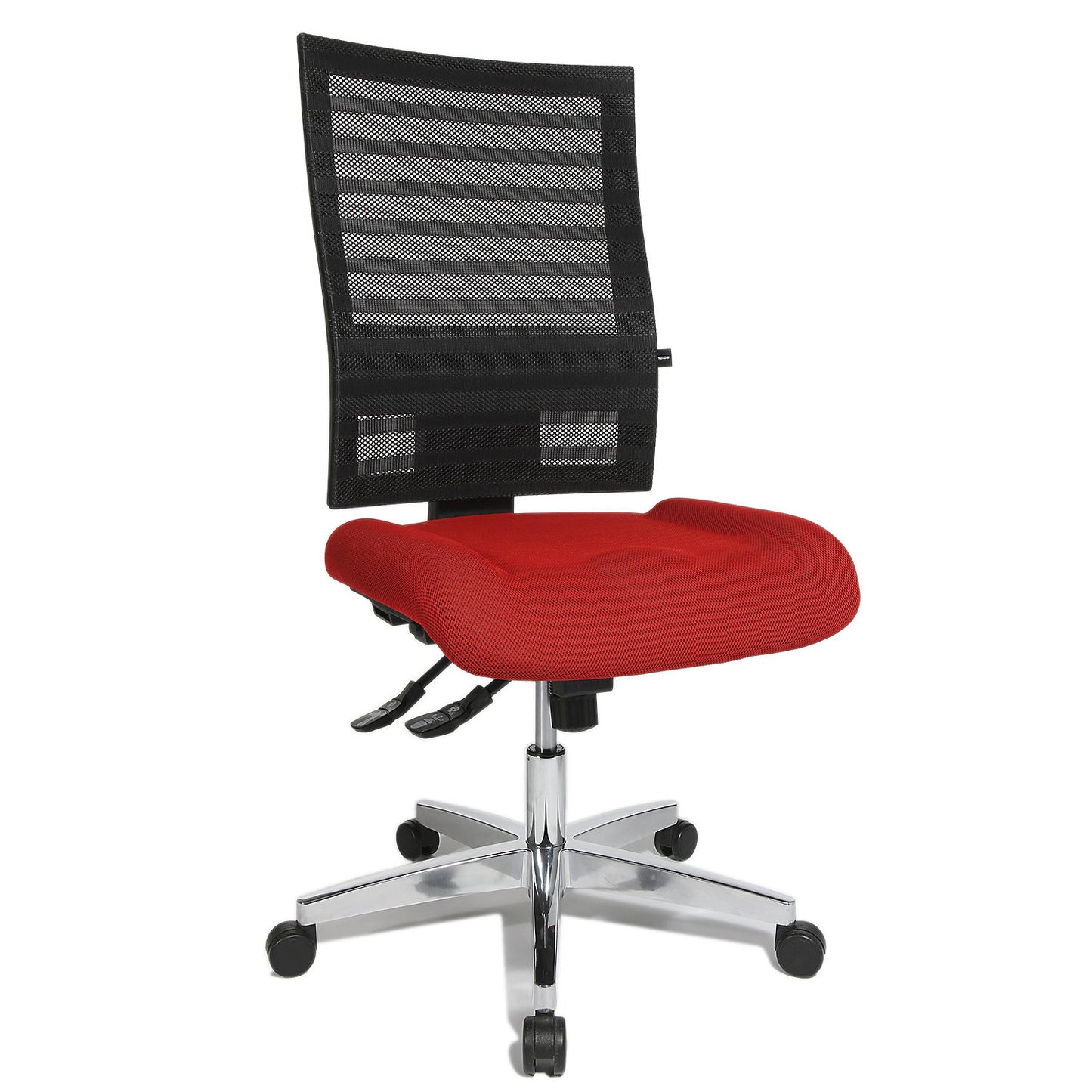 Operator swivel chair, frame made of aluminium, black mesh back rest, red cover.
