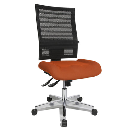 Operator swivel chair, frame made of aluminium, black mesh back rest, orange cover.
