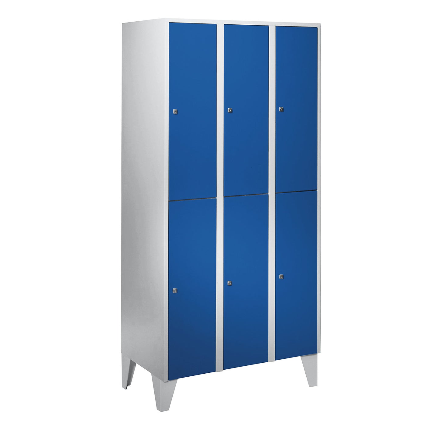 München double deck clothes locker, 3 compartments, W 900 mm, light grey / gentian blue, with feet.
